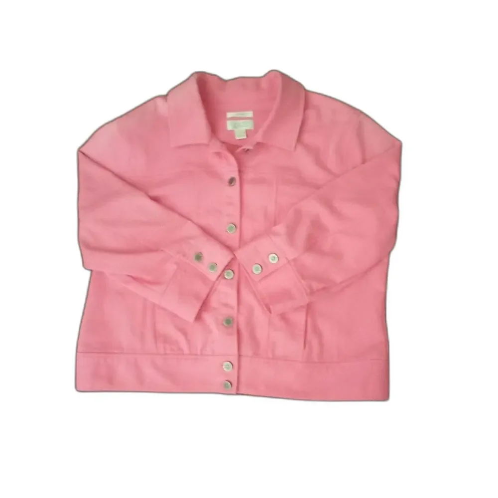 Christopher & Banks Denim Jacket Women's Size L Light Pink Pockets Snap